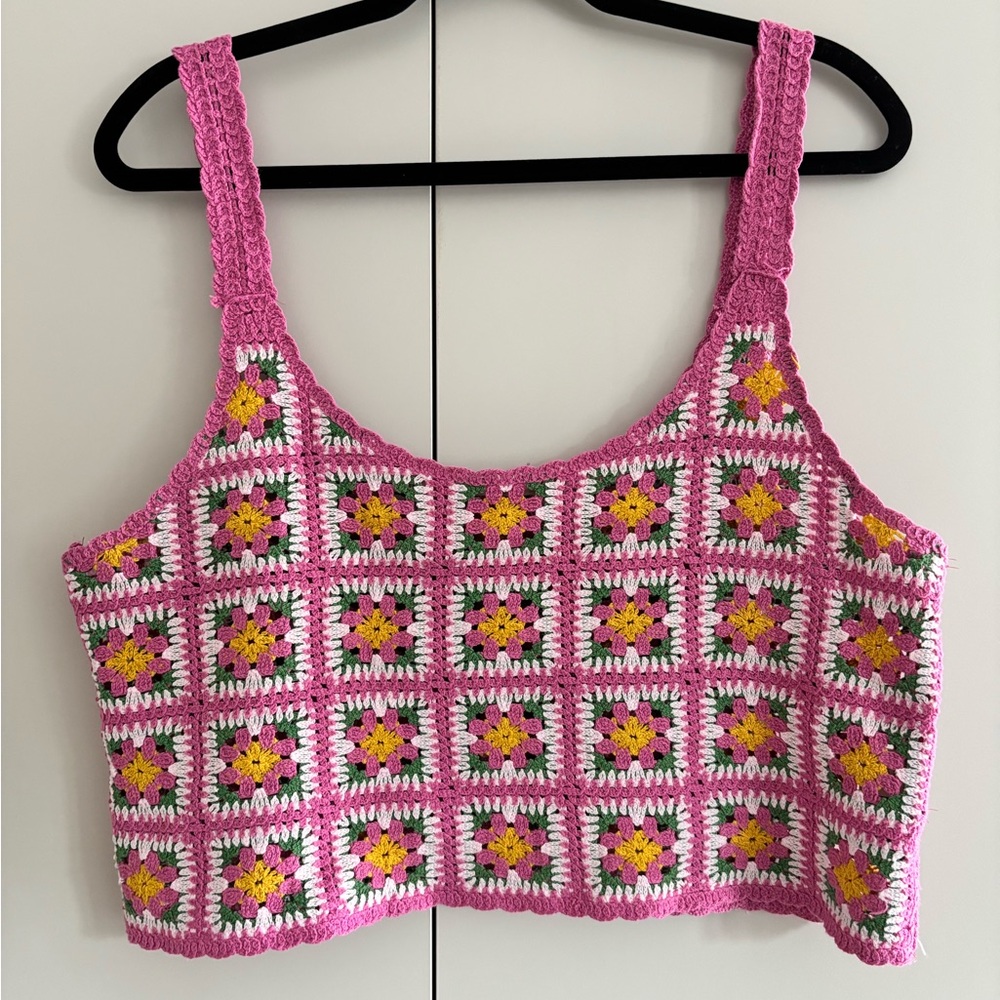 Pink cropped Crochet Floral Women Top